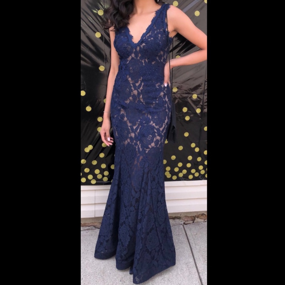 Blue lace prom dress